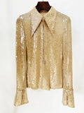 STREET Newest 2023 Designer Blouse Women's Flare Sleeve Glitter Sequined Gauze
