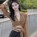 Retro V Neck Leopard Long Sleeves Shirt Women's Shirt Expose Navel Slim Sexy Temperament Bandage-Outfit