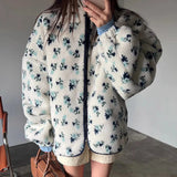 Fur Floral Print Zipper Jacket-Outfit