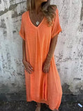 Fongt New Leisure Spring And Summer Loose Skirt Short-Sleeved V-Neck Solid Cotton Dress
