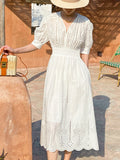 Fongt New White Dress Women's Bubble Sleeve French Embroidery Design Sense Windy Resort Women's