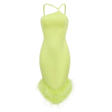 Women's Green French Sling Dress Women's Ostrich Hair Splicing Temperament High-End Thin Sling
