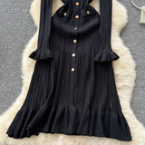 Fongt Scented Dress Women's Autumn And Winter Set High-End Feeling V-Neck Metal Buckle Slimming Lotus Leaf Side Knitting Skirt