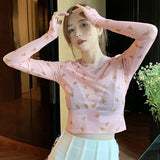 Print Summer Mesh Sunscreen Long Sleeves Women's Crop Top O Neck-Outfit