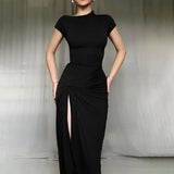Fongt Knitted Round Collar Sexy Open Fork Dress Woman 2025 Summer New Stylish Black
