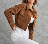 Fongt Women's Corduroy Flip Pocket Button Short Casual Jacket Jacket