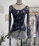 Real Shot One-字 Collared Shoulder Long-Sleeved Mesh Printing Top Irregularly Folded Lotus Leaves With Short T-Shirt