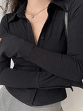 Polo Neck Long Sleeve Rib Blouse-Outfit
