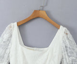 White Lace Long Sleeve Square Collar Mini Dress-Outfit