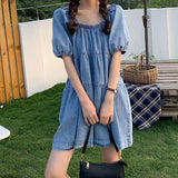 Girly Style Retro Square Collar Puff Sleeve Denim Skirt All-Matching Youthful-Looking Dress Women's Summer Denim