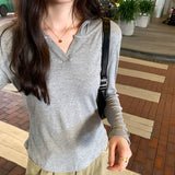 Basic Style Threaded Hooded Top Women's Autumn And Winter New Slim Short-Sleeved T-Shirt-Outfit