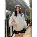 3D Flowers Knitted Cardigan Women Kawaii Bow V Neck Sweater Coat Korean Cute Oversized Knitwear Streetwear Casual Jumper-Outfit