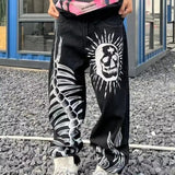graffiti skull personalized print men jeans ins trend street couple streetwear Hip-hop straight leg loose jeans-Outfit