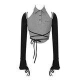 Y2k Cyber Punk Patchwork Polo T Shirts Women Grunge Off Shoulder Drawstring Long Sleeve Crop Tops Female Gothic
