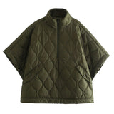 Fongt Half Zipper Loose Waterproof Cloak Type Cotton Coat Female Half Sleeve Diamond Lattice Wire Padded Coat-Outfit