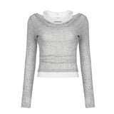Sense Of Retro Slim Vest Stack Collar Two-Piece Blouse Woman 2023 Slim Shoulder Knitted Long-Sleeved T-Shirt-Outfit