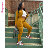 New Street Casual Women's Sweater Panel Pocket Zipper Coat Top Plush Work Pants Casual Sports Two Piece Set-Outfit