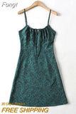 Print Floral Summer Boho Dress Short Mini Beach Lace Up A-line Sundress Green Strap Sleeveless Vintage Dress