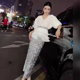Light Luxury High Grade Women's Dress Set with Folded Waist, Top, Belt, Sequin Half Dress Two Piece Set-Outfit