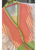 New Fashion Rainbow Striped Stitching Knitted Sweater Korean Style V-Neck Ruffled Long Sleeved Casual Outer Women