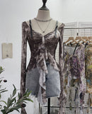 French Retro Oil Painting Wind Dyed Lotus Leaf Side Sling T-Shirts Long Sleeves Drifting Coat