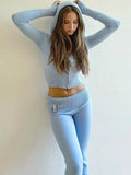 Knit Zipper Hodded Top And Pants Set-Outfit
