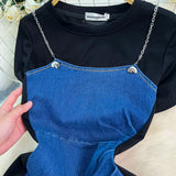 Fongt Two Dresses Women's Korean Version Of The Fashion Round Neck Short Sleeves To Receive Waist Thin Denim Dress 0453