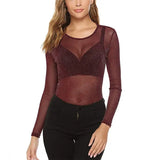 Fongt Women's High Bullet Silver Mesh Hollow-Out Long Sleeve Top Sexy Mesh Perspective Smock
