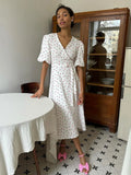 Print Dress 2024 New Women's Bubble Sleeve V Tie With Short Sleeve Print Dress-Outfit