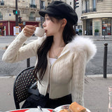 Style Zip-up Cropped Sweater Cardigan Women Sweet Casual Basic Slim-fit Feathers Hooded Knitted Jackets Autumn-Outfit