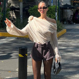 Floral Applique Mesh One Shoulder Long Sleeve Top-Outfit