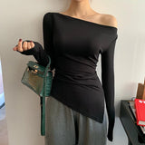 Shoulder Skew Collar Solid Full Sleeve T-shirts Girls Sexy Chic Irregular Split Tshirts Tops For Woman 2023 Autumn-Outfit