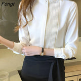 Folds Spliced Stand Collar Office Lady Shirt Fashion All-match Solid Color Long Sleeve Button Blouse Women's