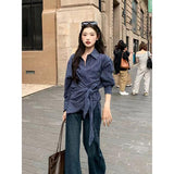 Fongt Temperament To Collect Blue Striped Shirt Women Spring And Autumn Small Design Slim Slim Long Sleeve Top