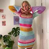 Patchwork Hollow Out Crochet Mini Dress Chic Women Long Sleeve 90s Vintage Aesthetic Knitted Dress Y2K