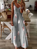 Fongt And Summer New Sleeveless Slim Feather Print Low Breast V Collar Sling Large Hem Skirt Women's Dress-Outfit