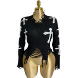 Fongt Hole Tuxed Sweater Dark Long Sleeve Loose Knitted Shirt