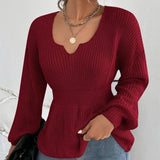 Fongt Sweater Women's Fashion V-Neck Jumper Solid Color Long Sleeve Flounces Closed Waist Women's