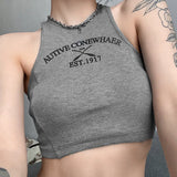 Fongt Spring 2024 Women's Solid Color Slim Crop Fashion Round Collar Print Sleeveless Vest-Outfit