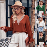 Fongt Autumn And Winter 2024 New Women's Casual Solid Color V-Neck Lace Lotus Leaf Sleeve Loose Jacket-Outfit