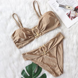 Fongt New Sexy Bikini Solid Color Strapless High Waist Swimsuit Metal Accessories Women's