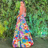 Fongt Summer New Women's Wish Dress Holiday Print Shoulder Slings Long