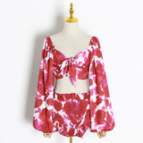 Sexy Print Beach Women Suit Square Neck Lantern Sleeve Hollow Out Crop Tops High Waist Shorts Two Piece Set