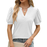 2024 New V-Neck Bubble Sleeve Pleated Short Sleeve Loose T-Shirt Top-Outfit