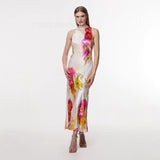 Fongt Women's Sexy Elegant Holiday Style Print Hanging Neck Tie Long Open Dress