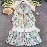 Fongt Retro Court Wind Hollow Lace Splicing Lantern Sleeve Collection Waist Single Buckle Print Dress 2025 Spring Dress