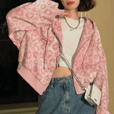 Y2K Pink Leopard Print Zipper Hoodie-Outfit