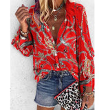 New Design Plus Size Women Blouse V-neck Long Sleeve Chains Print Loose casual Shirts Womens Tops And
