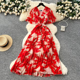 Fongt Summer Dress New Female High-End Feel Strapped Belt V Collar Horn Sleeves Thin Temperament Print Chiffon Dress