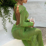 Fongt Spring Summer New Women's Clothing Sexy Hollow Perspective Holiday Solid Color Bare Back Knitted Long Dress Girl